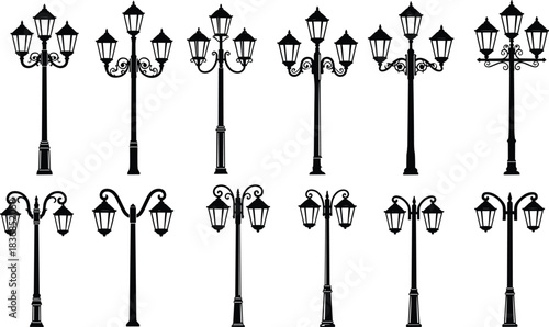 Vintage Street Lamp Black Silhouette Vector Set, Elegant Antique Lamppost Collection, Old Fashioned City Light Graphics for Urban Design, Decoration, Logo, or Retro Advertising Content.