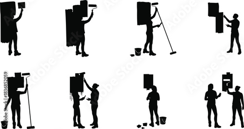Silhouette workers painting walls with rollers and brushes, teamwork in construction, renovation, maintenance, interior design, labor, and safety concept