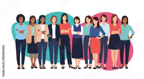 A diverse group of smiling professional women stands together, embodying strength, collaboration, and female empowerment.
