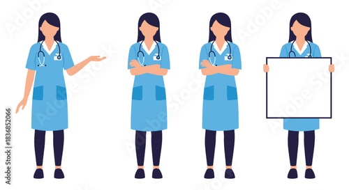 Illustration of four female medical staff members in blue scrubs with stethoscopes, showcasing different professional poses for healthcare-related themes.