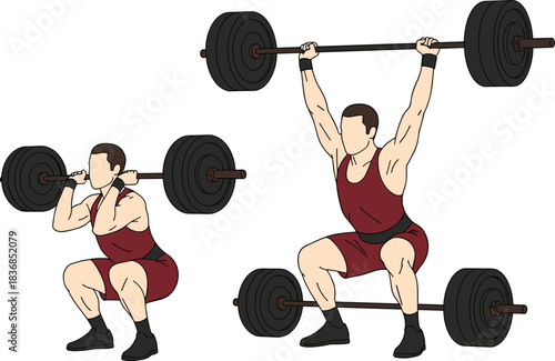 Weightlifting athlete performing heavy barbell clean and jerk movement in multiple squat positions, detailed fitness vector illustration for strength training concepts