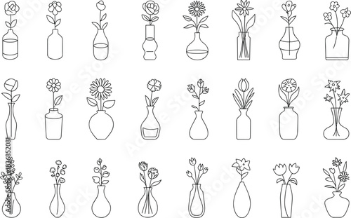 Outline drawings of various flowers in vases on a white background sketch