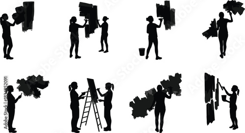 Silhouette workers painting walls with rollers and brushes, ladder use, teamwork, renovation, black paint strokes, construction, maintenance, labor scene