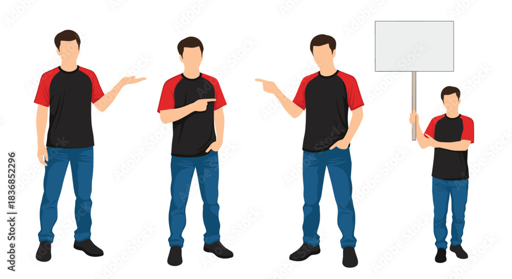 Obraz premium Four stylized male characters in red and black t-shirts and blue jeans presenting, pointing, and holding a blank sign, isolated on white.