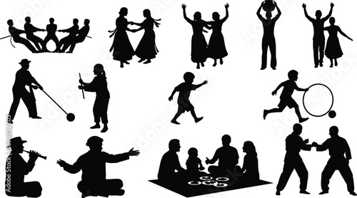 Traditional, recreational, activity, silhouette, posture, gesture, dance, play, celebrate, sit, pot, hoop, tug, group, child, setup, vector, black, pose, flavector