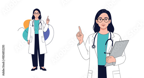 Two professional female doctors, wearing lab coats and stethoscopes, present information and medical advice with confidence.