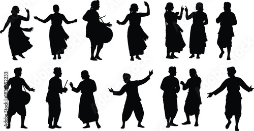 Traditional, dance, music, silhouette, posture, gesture, drum, stick, folk, culture, performance, attire, expressive, heritage, setup, vector, black, pose, flavector