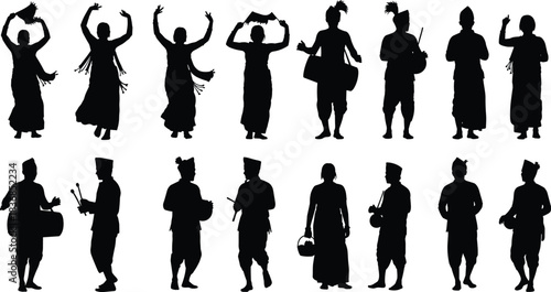 Traditional, cultural, activity, silhouette, posture, gesture, dance, music, drum, gong, basket, fan, attire, walk, stand, setup, heritage, celebration, vector, black, pose, flavector
