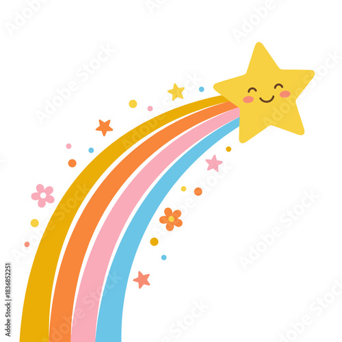 Cute smiling star riding colorful rainbow shooting across the sky, perfect for kids, nursery, and cheerful bright designs, cartoon vector illustration for decoration or stickers