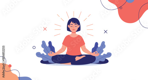 Woman practicing mindfulness meditation with radiant energy, finding peace and balance amidst abstract natural elements.