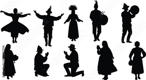Traditional, costume, silhouette, posture, gesture, folk, prayer, bagpipe, hat, dress, cup, kneel, stand, culture, ceremony, attire, setup, vector, black, pose, flavector