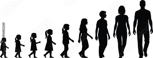 Human life growth stages set, figures showing children to adult, male and female silhouettes in an age progression sequence, isolated vector illustration for education or design concept.