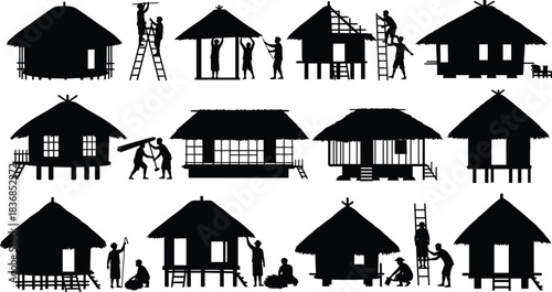 Stilt, house, construction, silhouette, posture, gesture, ladder, roof, wall, carry, build, inhabit, rural, traditional, community, architecture, setup, vector, black, pose, flavector