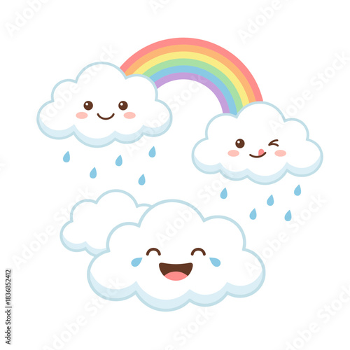 Group of happy and smiling clouds raining with a bright rainbow arching above, cute cartoon vector illustration for weather, spring, happy rain, and cheerful concepts