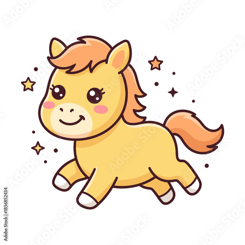 Adorable smiling light brown horse or pony running with sparkling stars, cute cartoon vector illustration for animals, fantasy, nursery, and children's designs