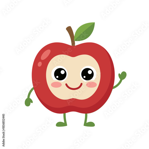 Cheerful smiling red apple character with green leaf and small limbs, cute cartoon vector illustration for fruit, healthy food, school, and nutrition concepts