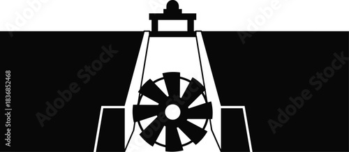 Hydroelectric, dam, turbine, silhouette, posture, blade, water, flow, channel, structure, energy, power, rural, infrastructure, rotate, generate, setup, vector, black, pose, flavector