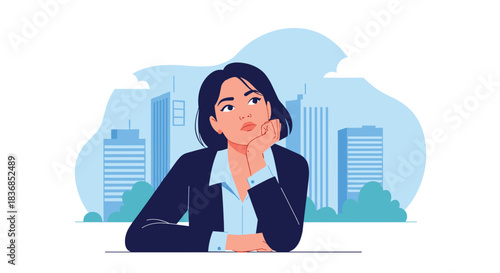 Pensive young businesswoman in a city setting, deep in thought, contemplating ideas and future possibilities for success.