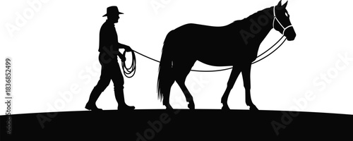 Horse, leading, silhouette, posture, gesture, rope, halter, boot, hat, walk, rural, livestock, farm, animal, guide, setup, agriculture, vector, black, pose, flavector