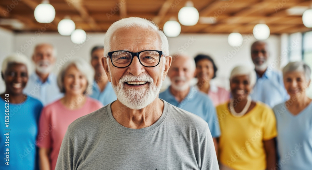 Fototapeta premium A smiling senior man with eyeglasses leads a diverse group indoors, highlighted by wooden ceilings and track lighting, promoting health and togetherness.