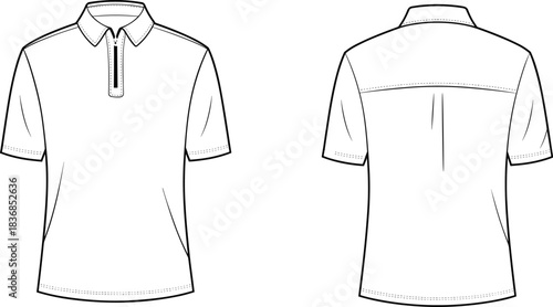 Minimalist technical flat sketch of short sleeve polo shirt front and back view, clean line drawing apparel template for fashion design