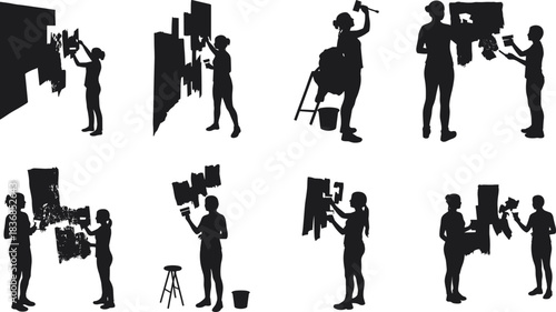 Silhouette workers painting walls, applying wallpaper, using brushes and rollers, teamwork renovation, home improvement, interior decoration, construction labor scene
