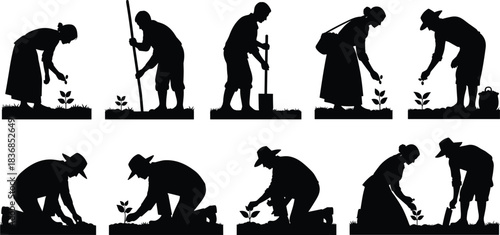 Gardening, activity, silhouette, posture, gesture, plant, seed, water, dig, soil, tool, hat, kneel, bend, stand, setup, rural, cultivation, vector, black, pose, flavector