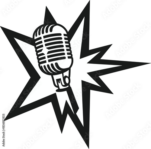 Vintage Microphone with Starburst Explosion Graphic Keywords: microphone, vintage, retro, audio