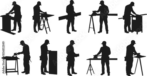 Silhouettes of carpenters working with tools, showcasing teamwork, craftsmanship, and industrial woodworking tasks in a professional workshop environment.