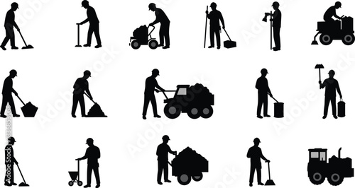 Silhouettes of construction workers performing manual labor tasks with tools, machinery, and equipment for industrial, maintenance, and landscaping projects