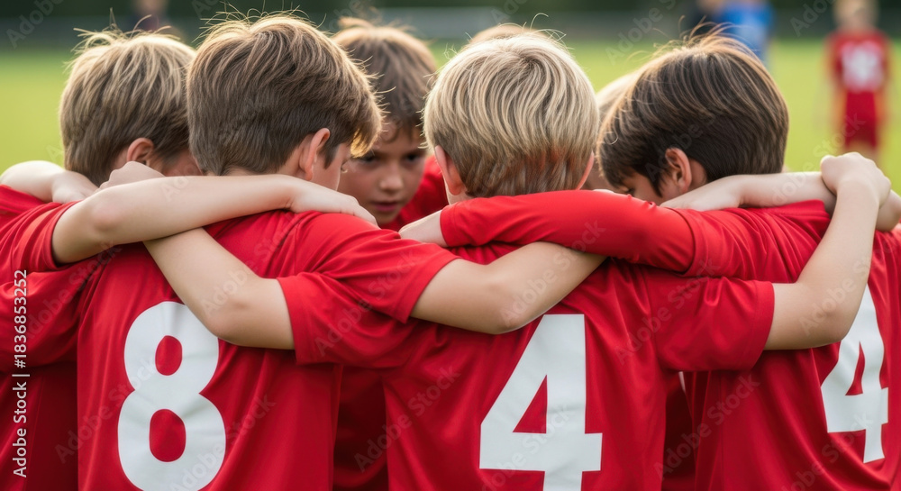 Obraz premium A young soccer team huddles close, wearing red jerseys with white numbers, back view. Focus on teamwork and unity on the green field.