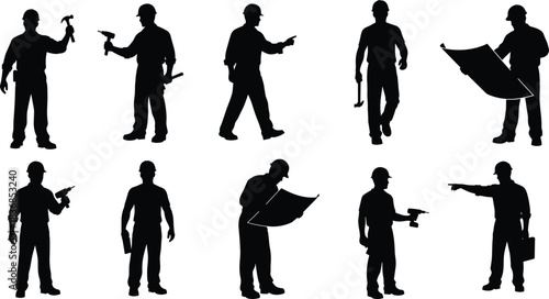 Silhouettes of construction workers with tools, hard hats, and blueprints showing teamwork, planning, safety, and labor roles on site.
