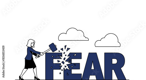 Confident businesswoman smashing fear with sledgehammer