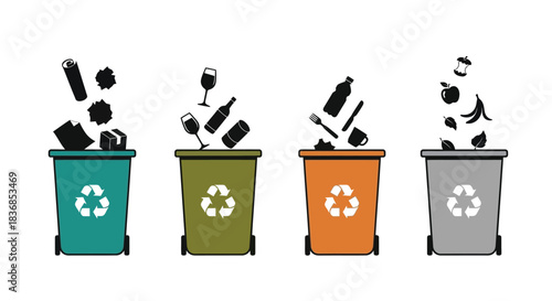Color coded recycling bins for paper, glass, plastic, and organic waste