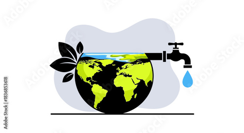 Earth with faucet pouring water and green leaves on side