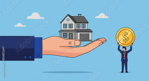 Businessman presenting house and money for sale or investment opportunity