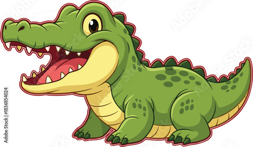 Cartoon crocodile vector illustration with cheerful expression, green reptile character for kids, playful animal design for educational and creative projects