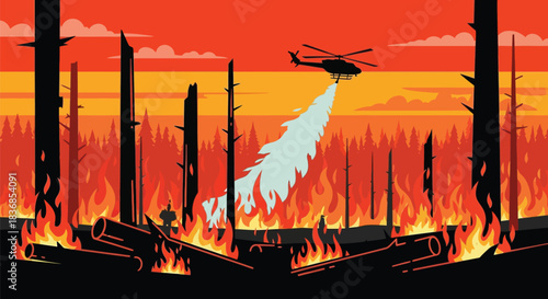 Helicopter dropping water on forest fire with flames and trees burning