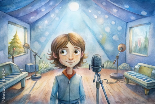 A cheerful young boy stands proudly in a vibrant watercolor recording studio with musical instruments