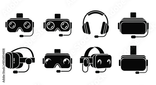 Black icons of various virtual reality headsets and headphones