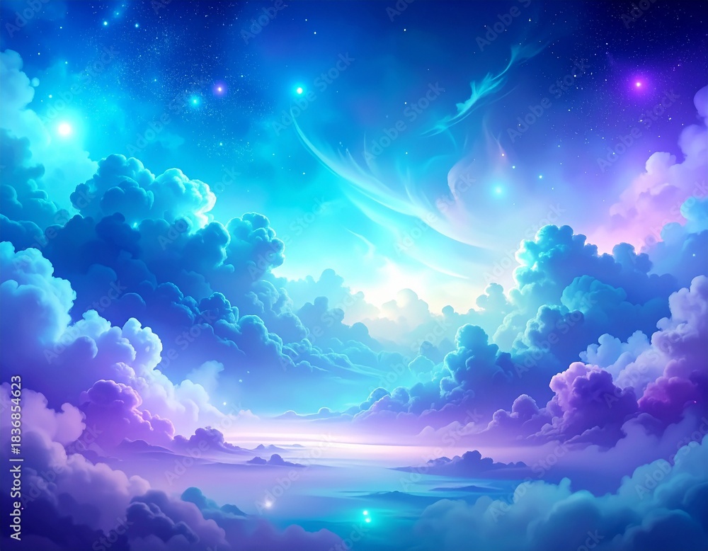 Fototapeta premium 雲が紫と青に光る宇宙的なファンタジーな風景