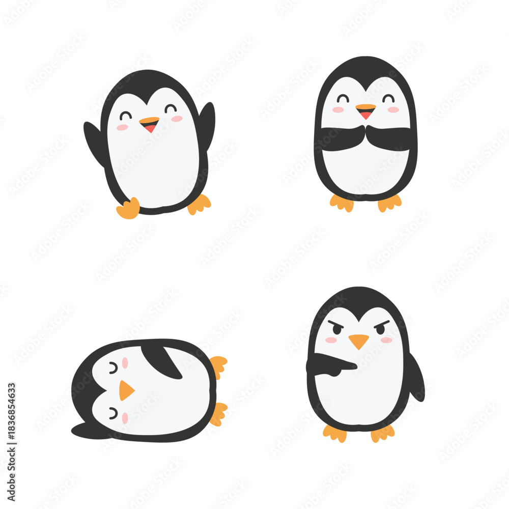 Fototapeta premium Funny Penguin Character Vector Set. Cute Kawaii Arctic Animal in Various Poses and Moods. Adorable Penguin Clip Art.
