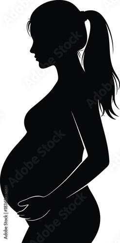 Pregnant woman silhouette vector illustration, black silhouette of beautiful expecting mother with ponytail, pregnancy, maternity, and prenatal care concept for health design content.