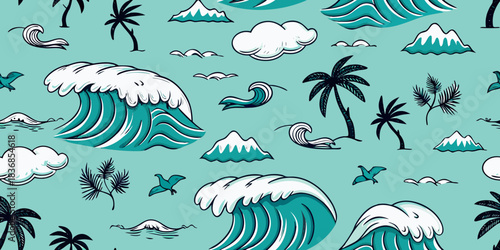 Tropical island seamless pattern with waves palm trees and mountains