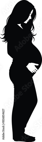 Pregnant woman silhouette vector illustration, black silhouette of beautiful expecting mother figure, pregnancy, maternity, and woman care concept for motherhood design content.