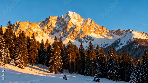 Golden mountain peak illuminated by sunrise over snowy forest