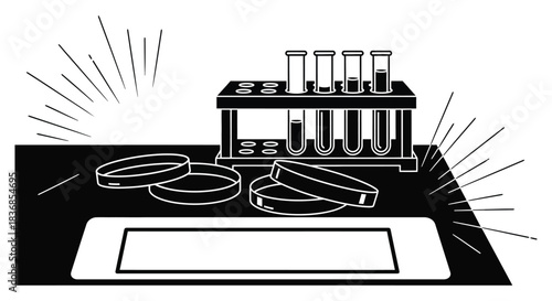 Modern laboratory equipment with test tubes and petri dishes