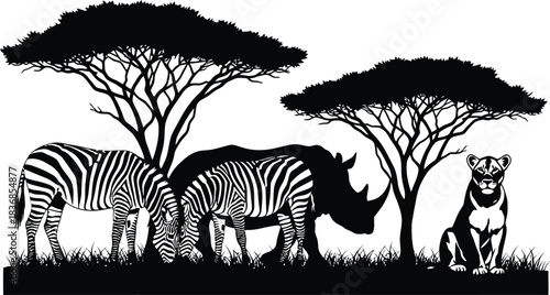 African wildlife silhouette featuring zebra rhino lion and acacia trees