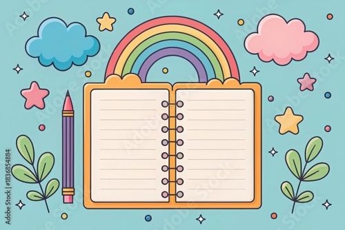 Adorable lined notebook with a vibrant rainbow and fluffy clouds on a light blue pastel background