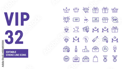 VIP icon set with 32 editable stroke line symbols, including crowns, badges, tickets, gifts, red carpet, and premium membership elements. Vector illustration.